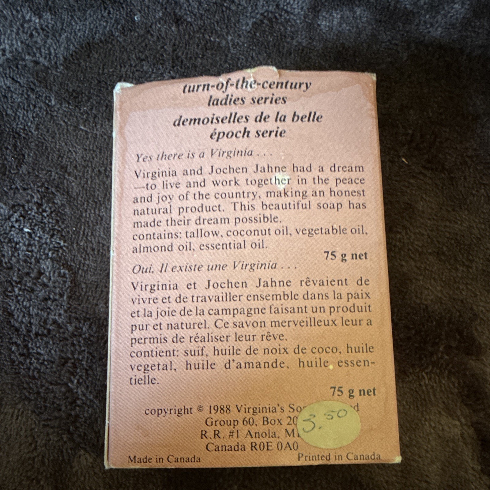 Virginia’s Pure Handmade Emily Lily-of-the-Valley Bar Soap 75 g Natural Vintage
