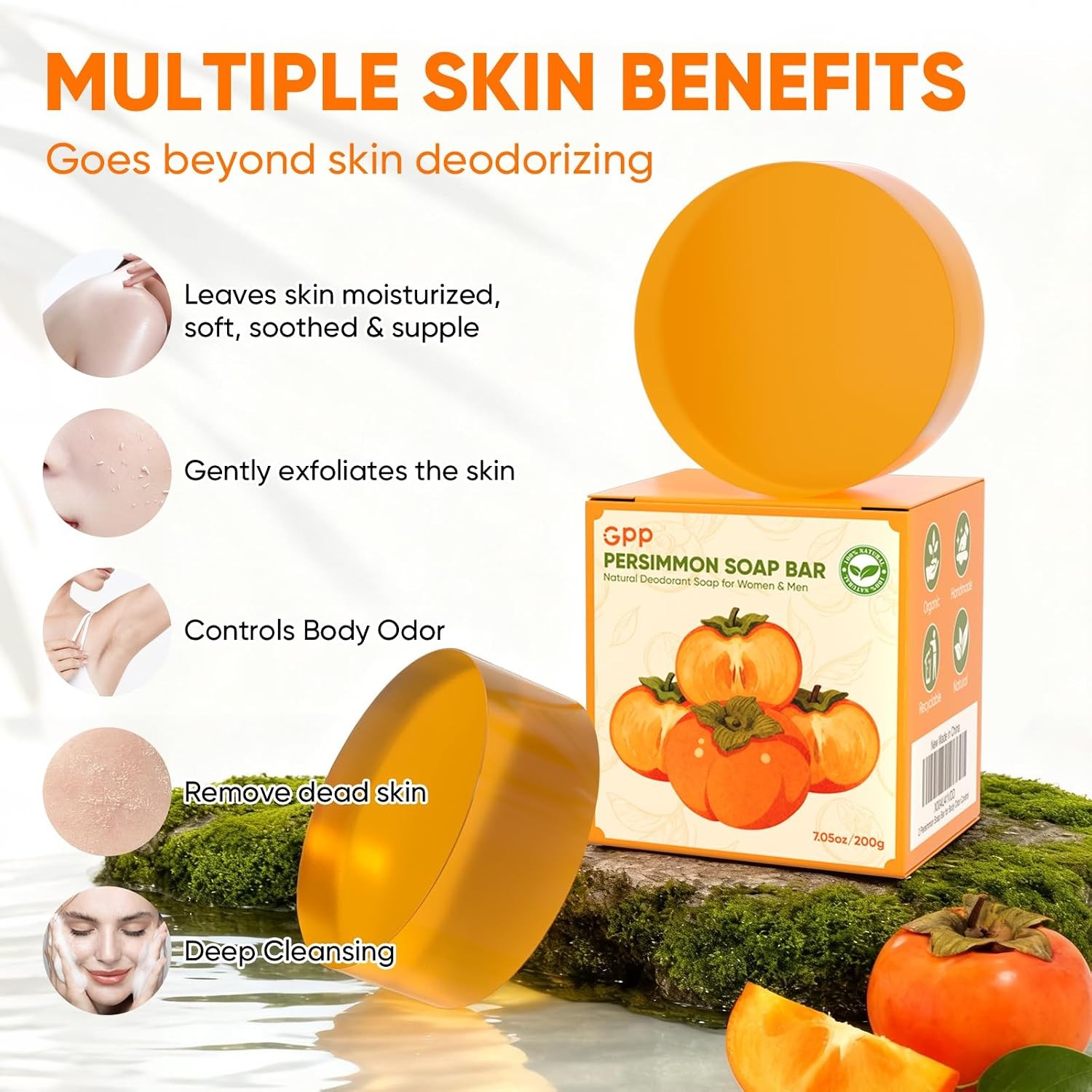 2 PCS Natural Persimmon Soap Bar for Body Odor Control, Organic Body Wash Soap f