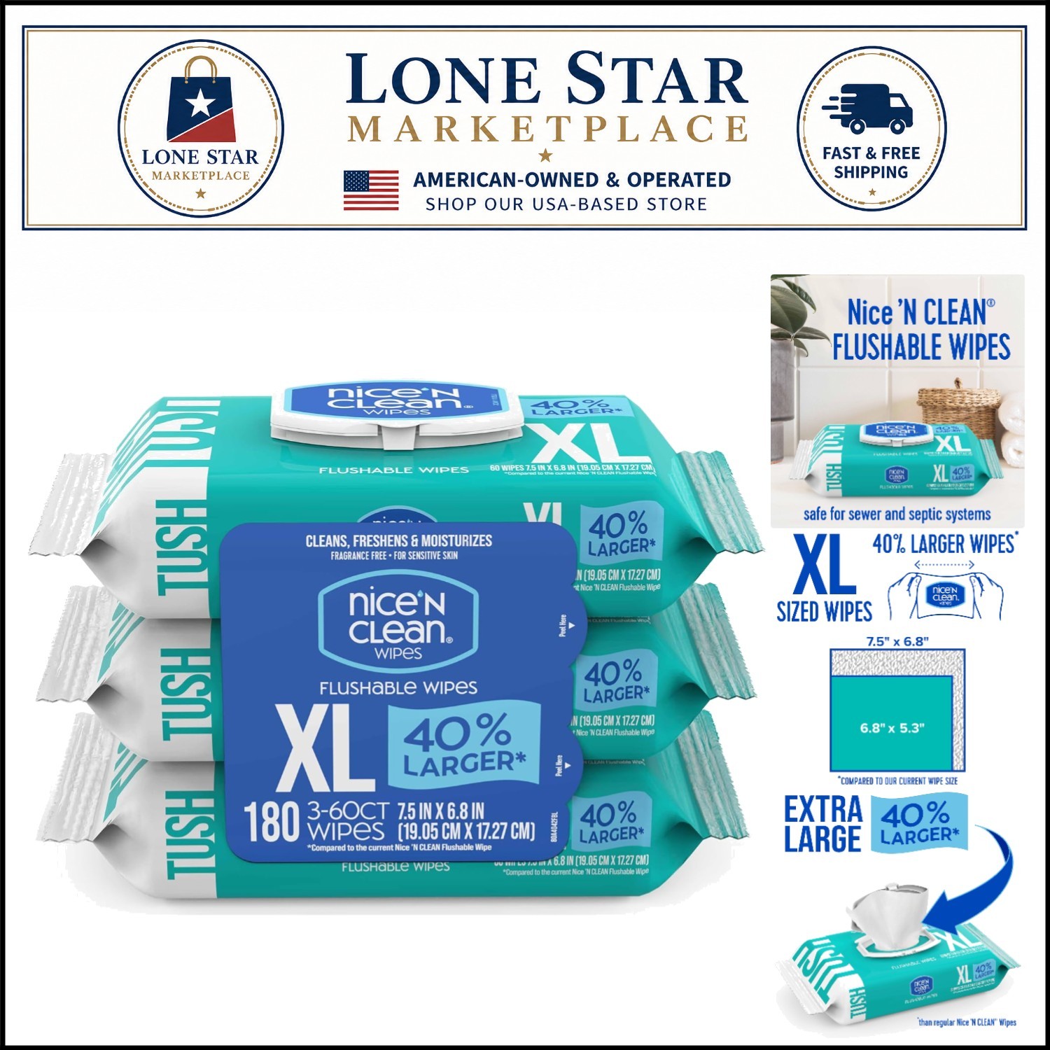Hypoallergenic XL Flushable Wipes | 6.8″ x 7.5″ | Gentle Care for All Ages