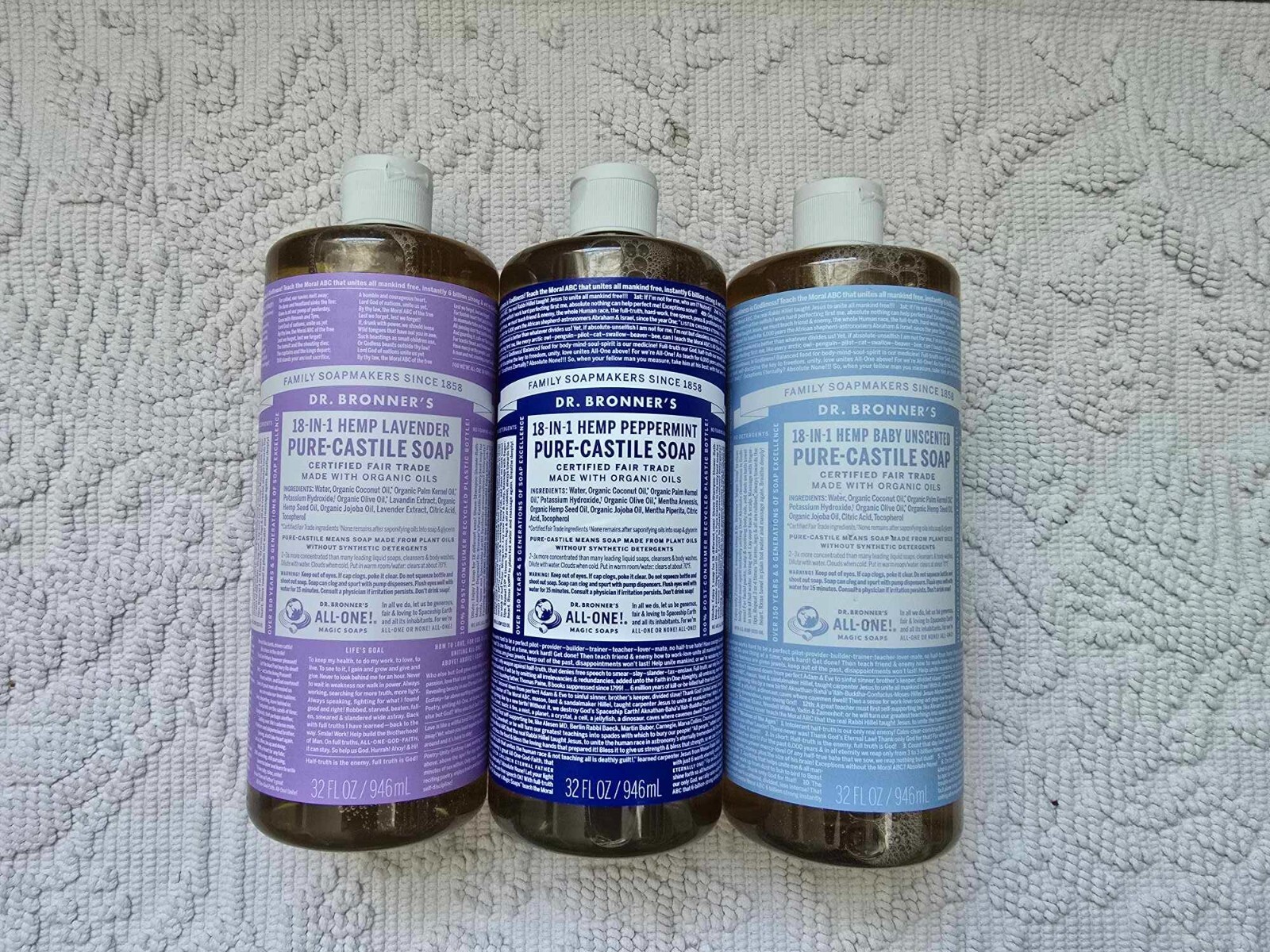Dr. Bronner’s Pure-Castile Liquid Soap 32 oz 3-PACK Peppermint Lavender Unscent