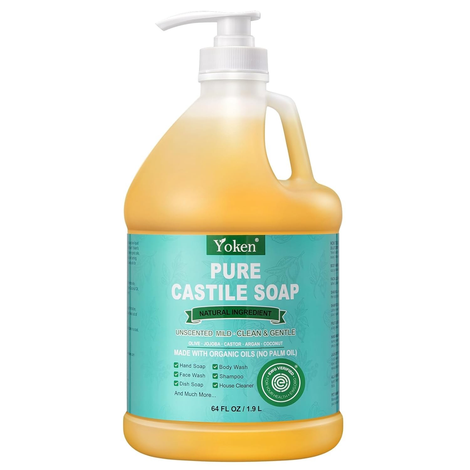EWG Verified Organic Castile Soap Liquid Unscented 64oz Pure Organic Oil