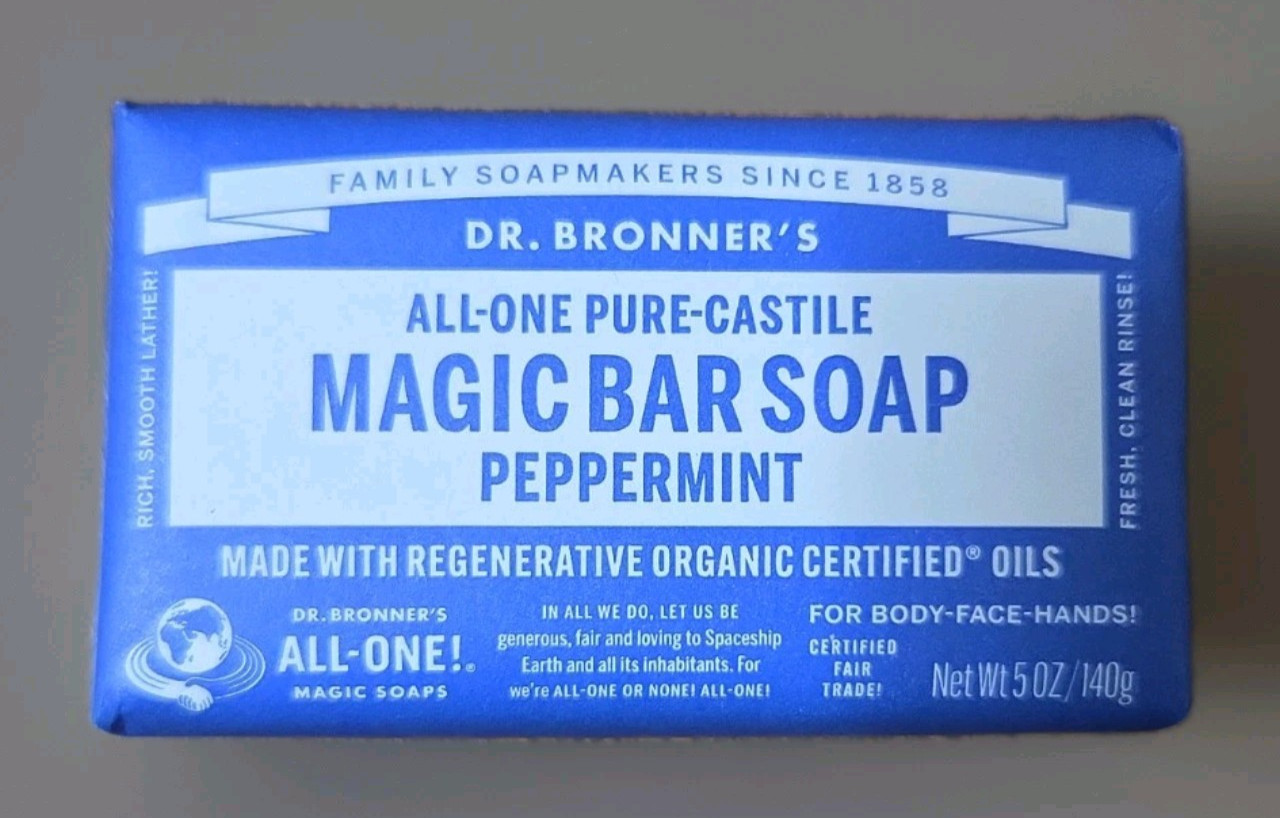 Dr. Bronner’s Peppermint Magic Bar Soap 4 Pack Pure Castile Organic 5oz Bars New