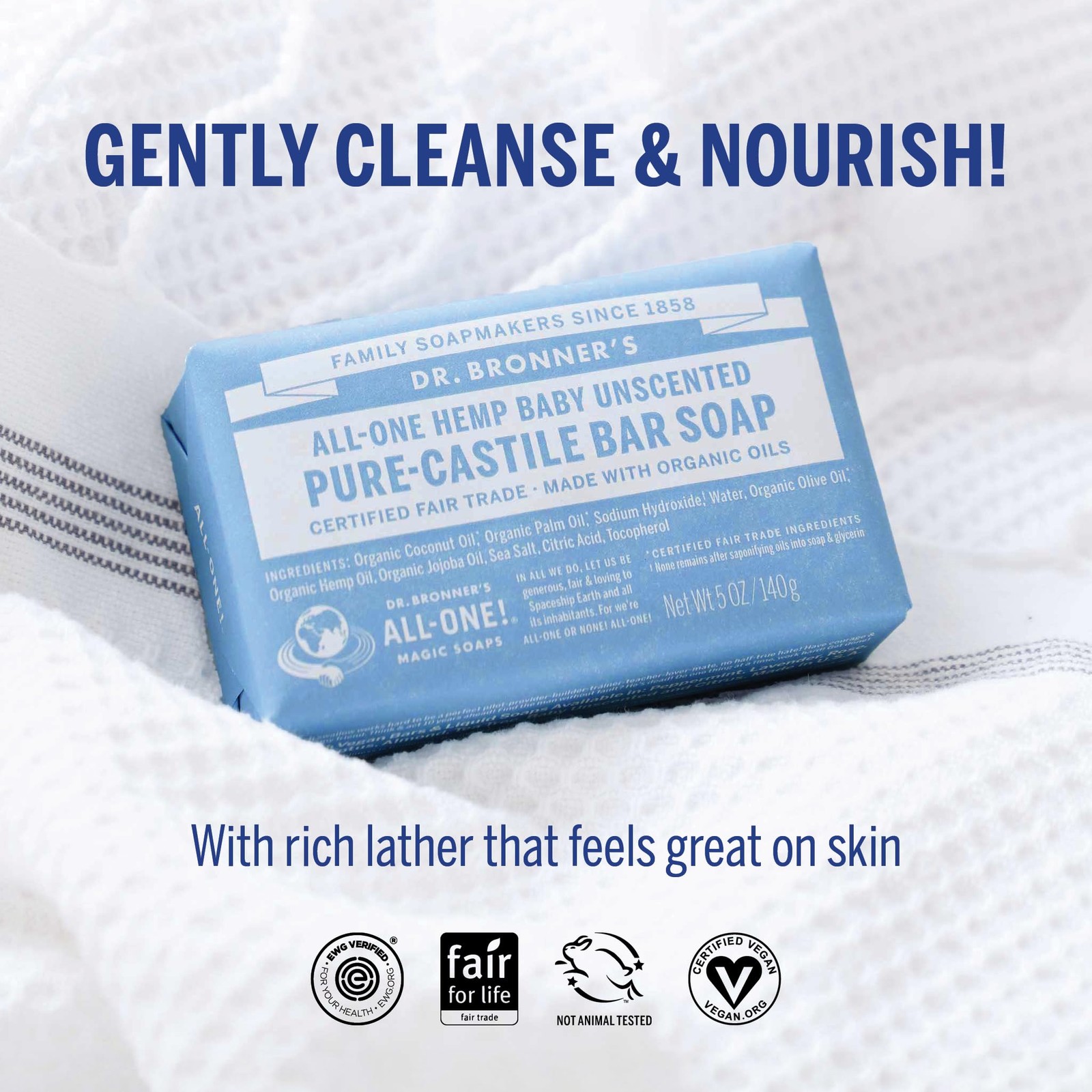 Dr Bronner’s Pure Castile Soap Bar 5oz Pack of 2 Organic Vegan Gentle Cleanser