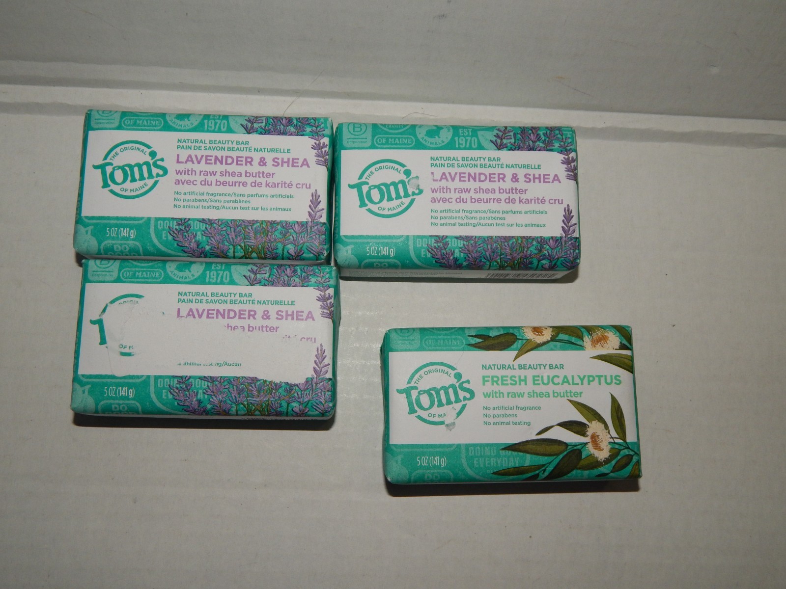 4 Tom’s of Maine Natural Beauty Bar Soaps 3 Lavender & Shea – 1 Fresh Eucalyptus