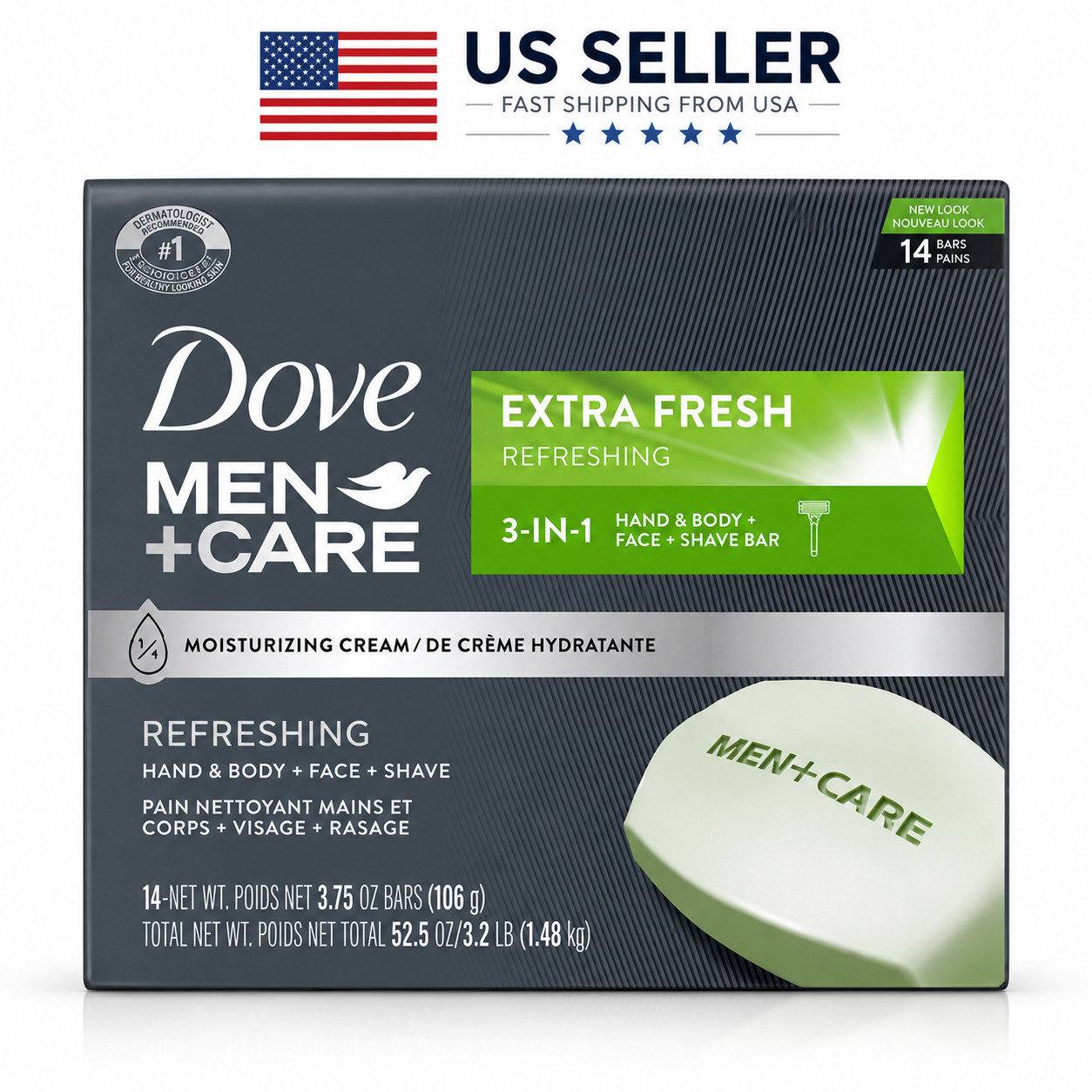 14 bars DOVE MEN + CARE EXTRA FRESH 3 N 1 Cleanser for Body Face Shaving 3.75 oz