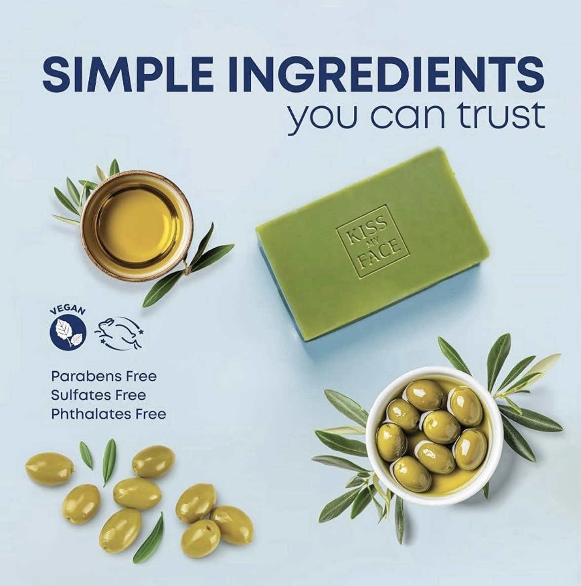 Kiss My Face Olive Oil Bar Soap Fragrance Free 8 oz Vegan – Pack of 6