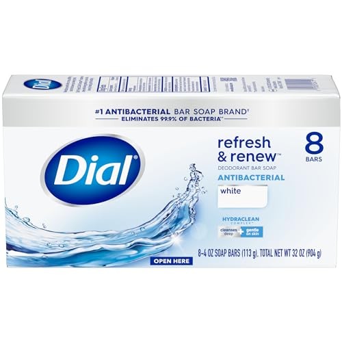 Dial Antibacterial Bar Soap, Refresh & Renew, White, 4 oz, 4 Ounce (Pack of 8)