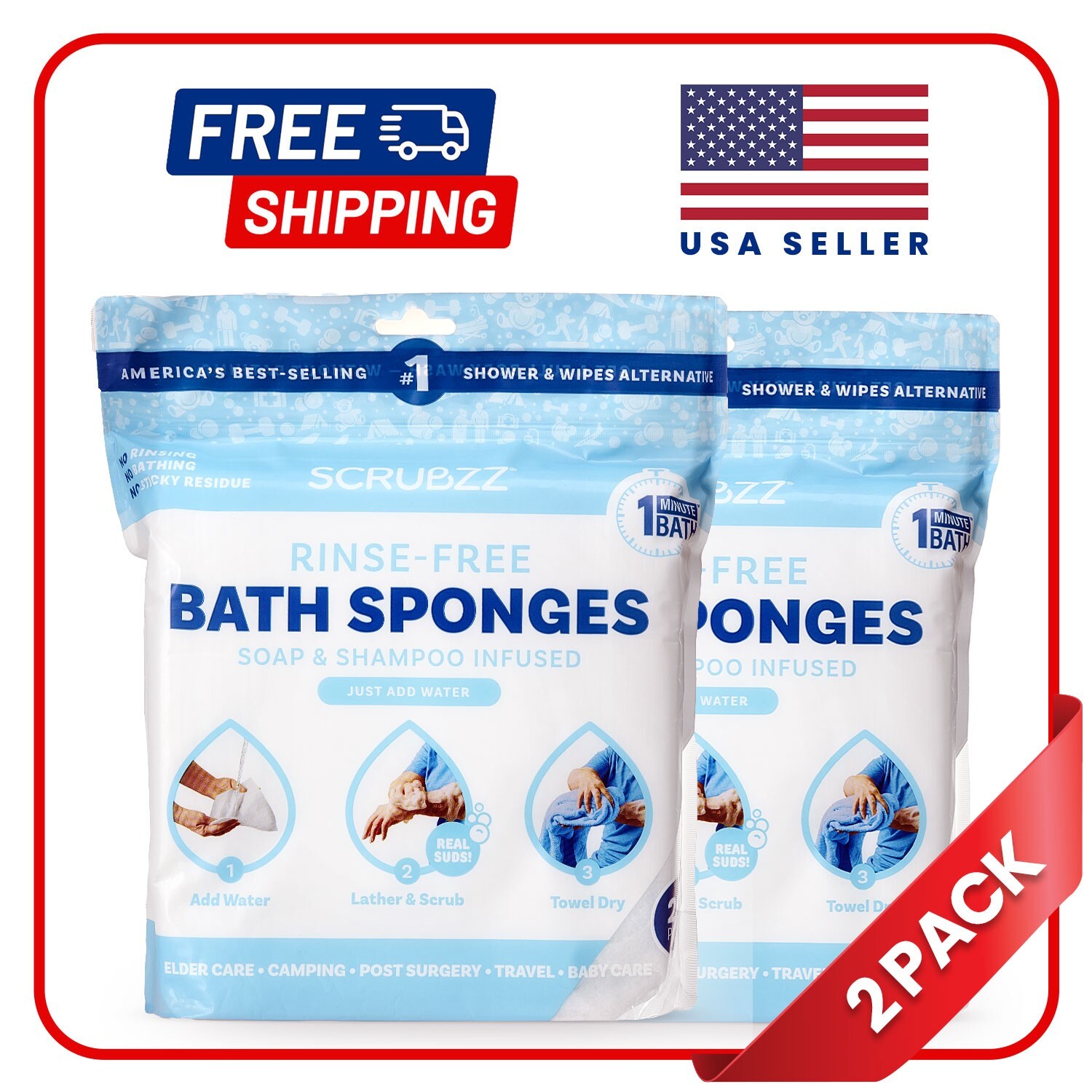 Scrubzz Disposable Rinse Free Bathing Sponges – Unscented, 50 Count
