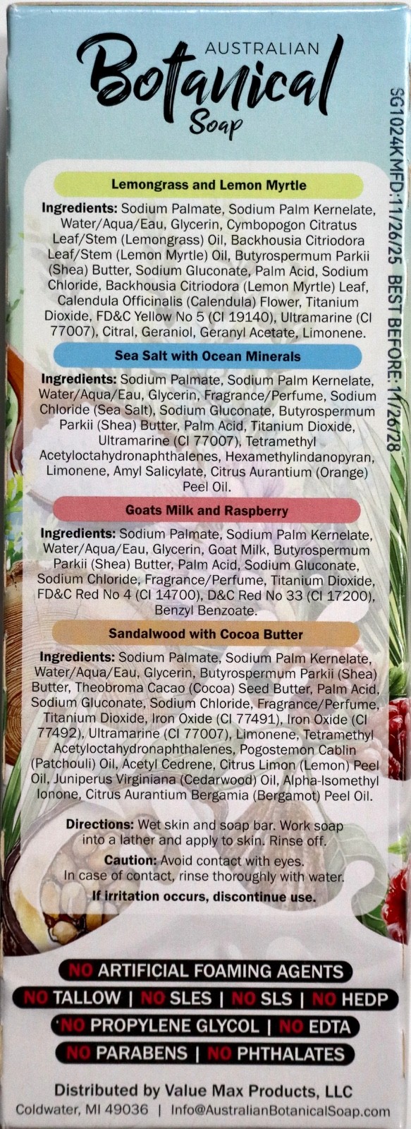 Australian Botanical Soap 8 Bars Variety Pack 6.8oz Each Plant Oil Base