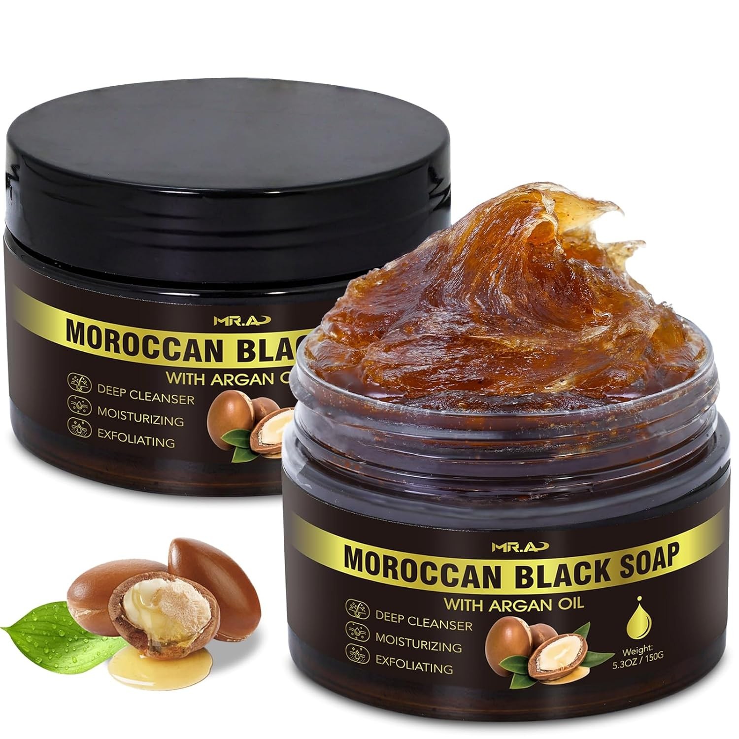 2Pack Moroccan Black Soap with Argan Oil, Morocco Black Beldi Soap Hammam Ritual