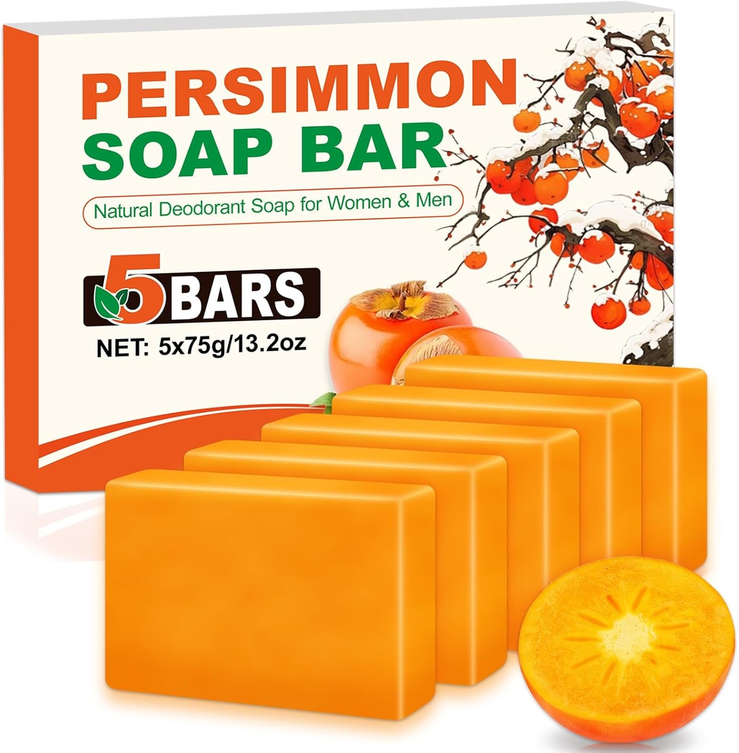 5 PCS Persimmon Soap Bar for Body Odor Control, Natural Deodorant Body Bar Soap