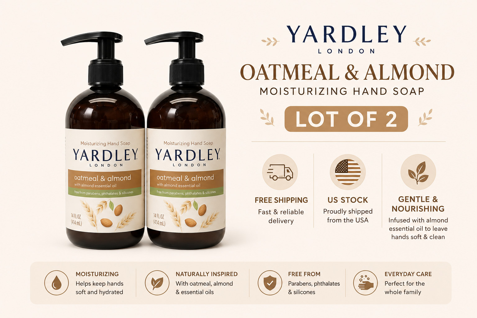 Lot of 2 Yardley Oatmeal Almond Moisturizing Liquid Hand Soap 14 Fl Oz Each