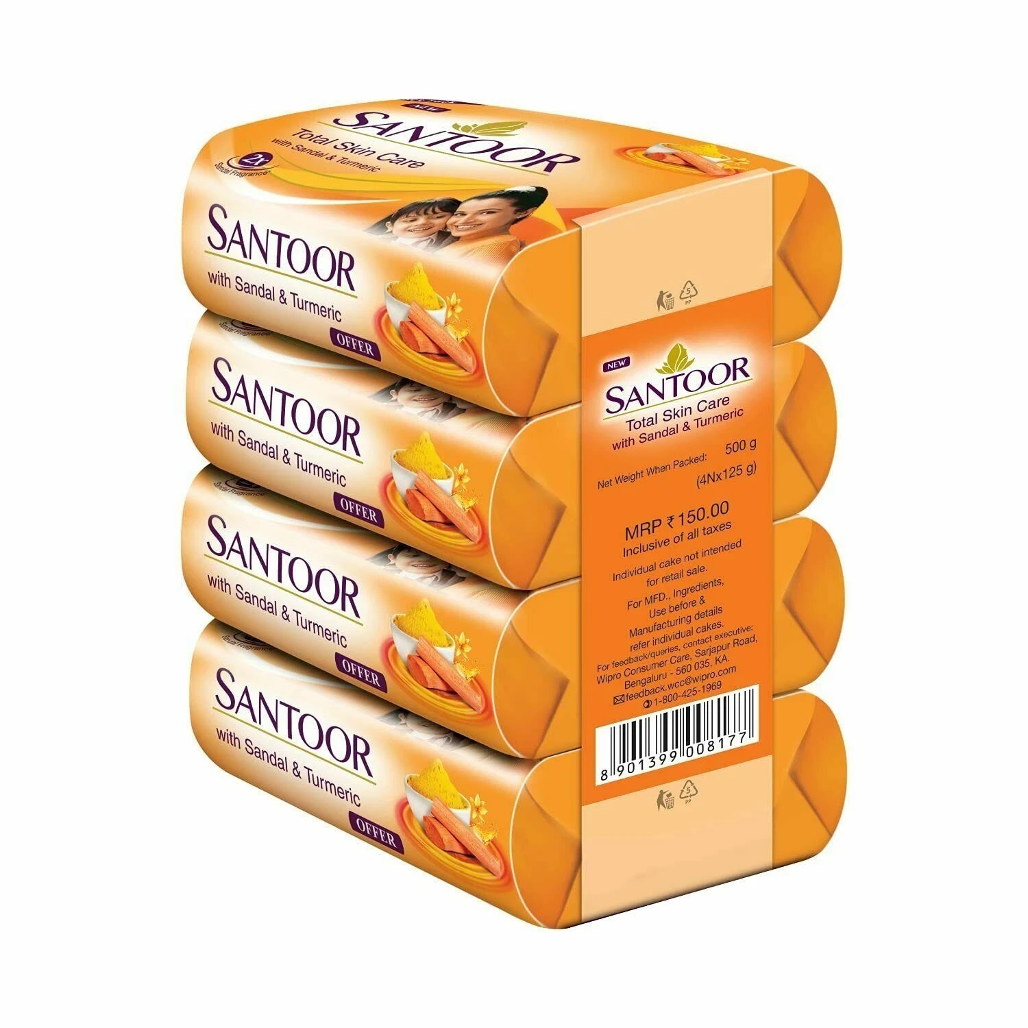 Santoor Sandalwood and Turmeric Bath Soap for Younger Looking and Glowing 125gx4