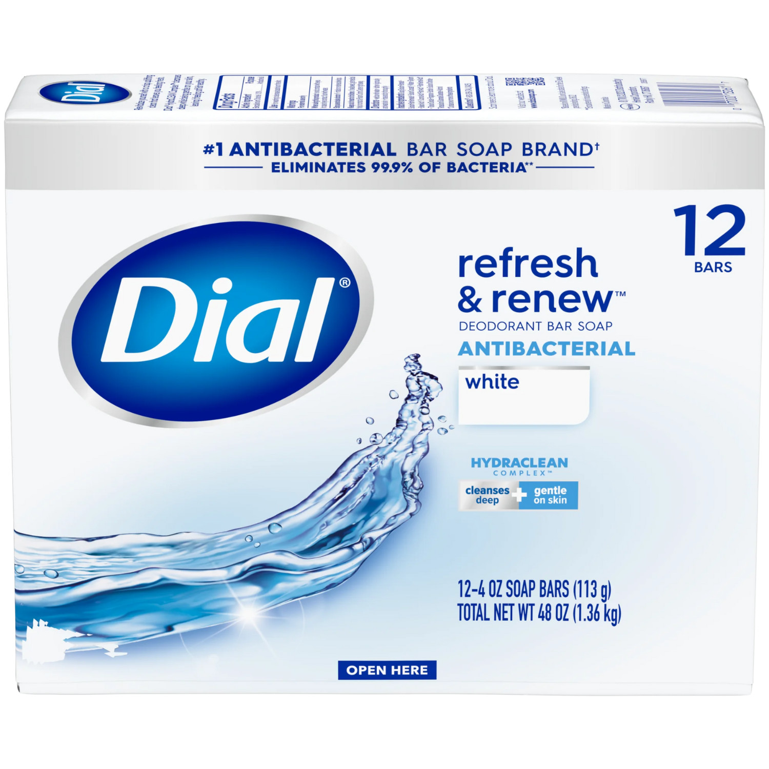 Dial Antibacterial Bar Soap, Refresh & Renew, Clean Rinsing, White, 4 oz, 12 Bar
