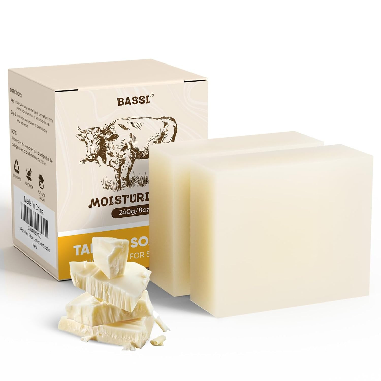 Beef Tallow Soap Bar, 2 Pack All Natural Grass Fed Tallow Soap, Moisturizing Fac
