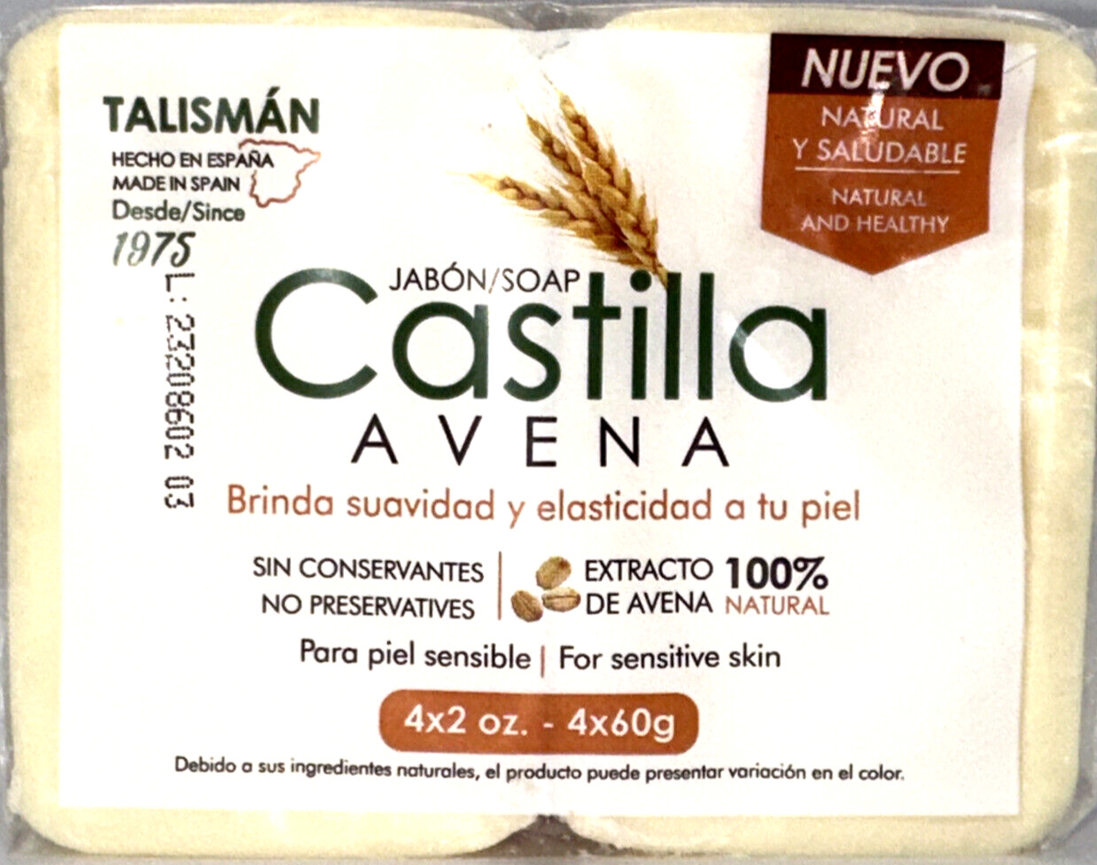 (4) bars Pack Castile Soap Bars Oats Talisman Jabon Castilla Avena 2 oz Each