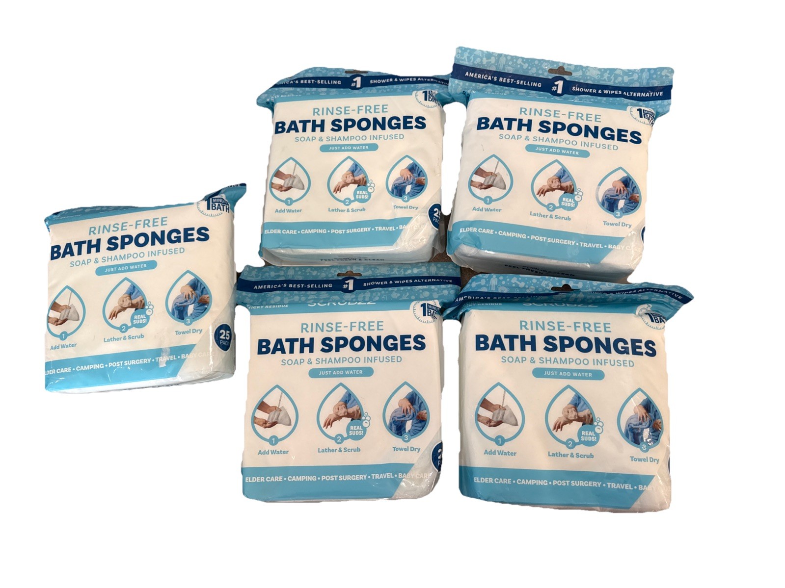 Lot of 5 Scrubzz Rinse Free Bath Sponges 25 Packs Lather, Scrub, Towel Dry
