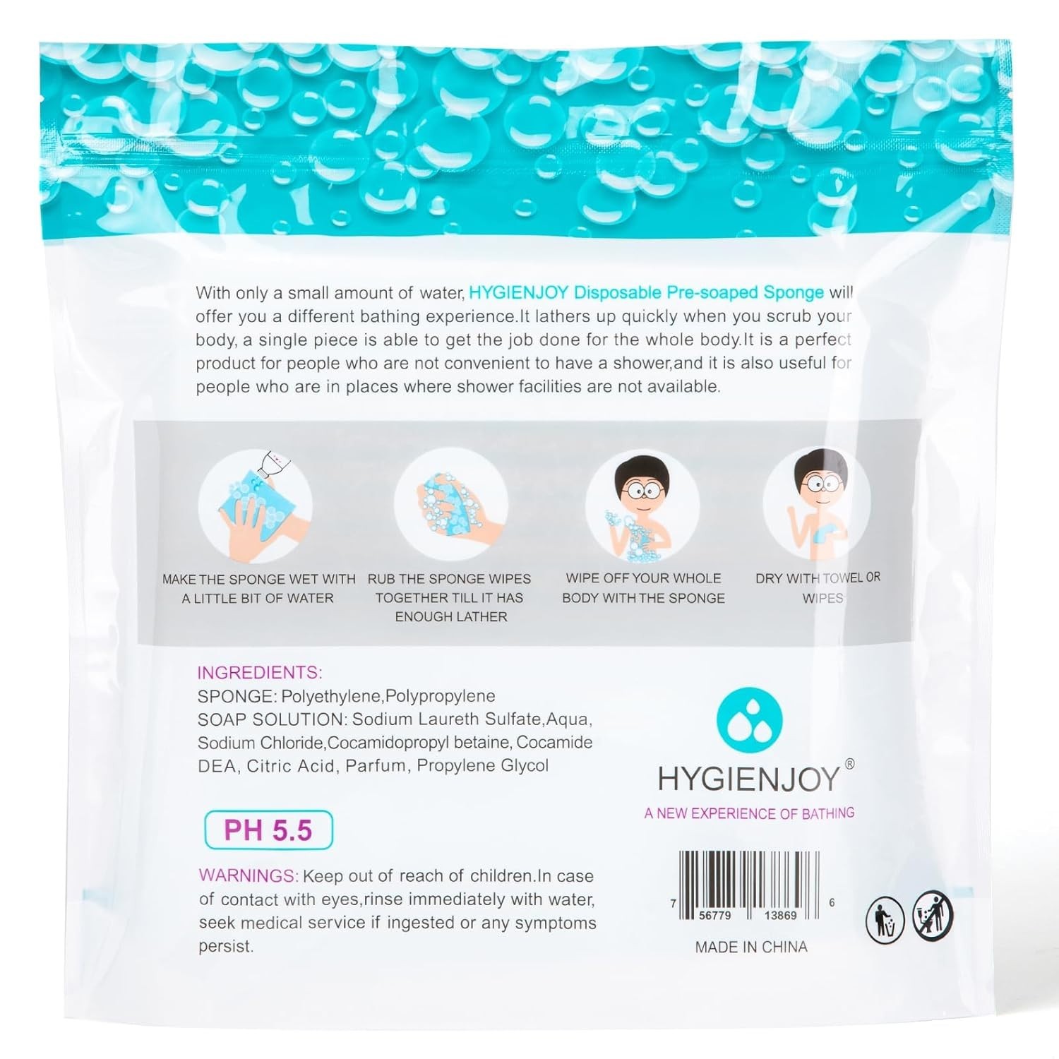 -Rinse Free Bath Sponges No Rinse Bathing Wipes(25 Counts)-No Residue Shower Wip