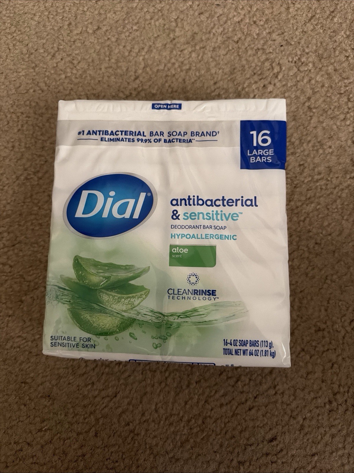 Dial Antibacterial & Sensitive Hypoallergenic Bar Soap, Aloe Scent, 4 oz., 16 ct