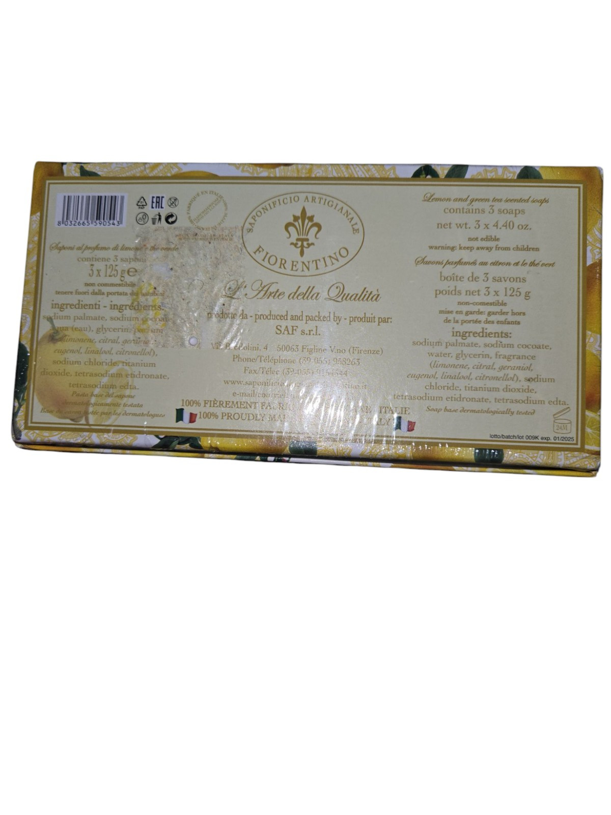 Saponificio Artigianale Fiorentino Green Tea and Lemon Scented Soap Set of 3