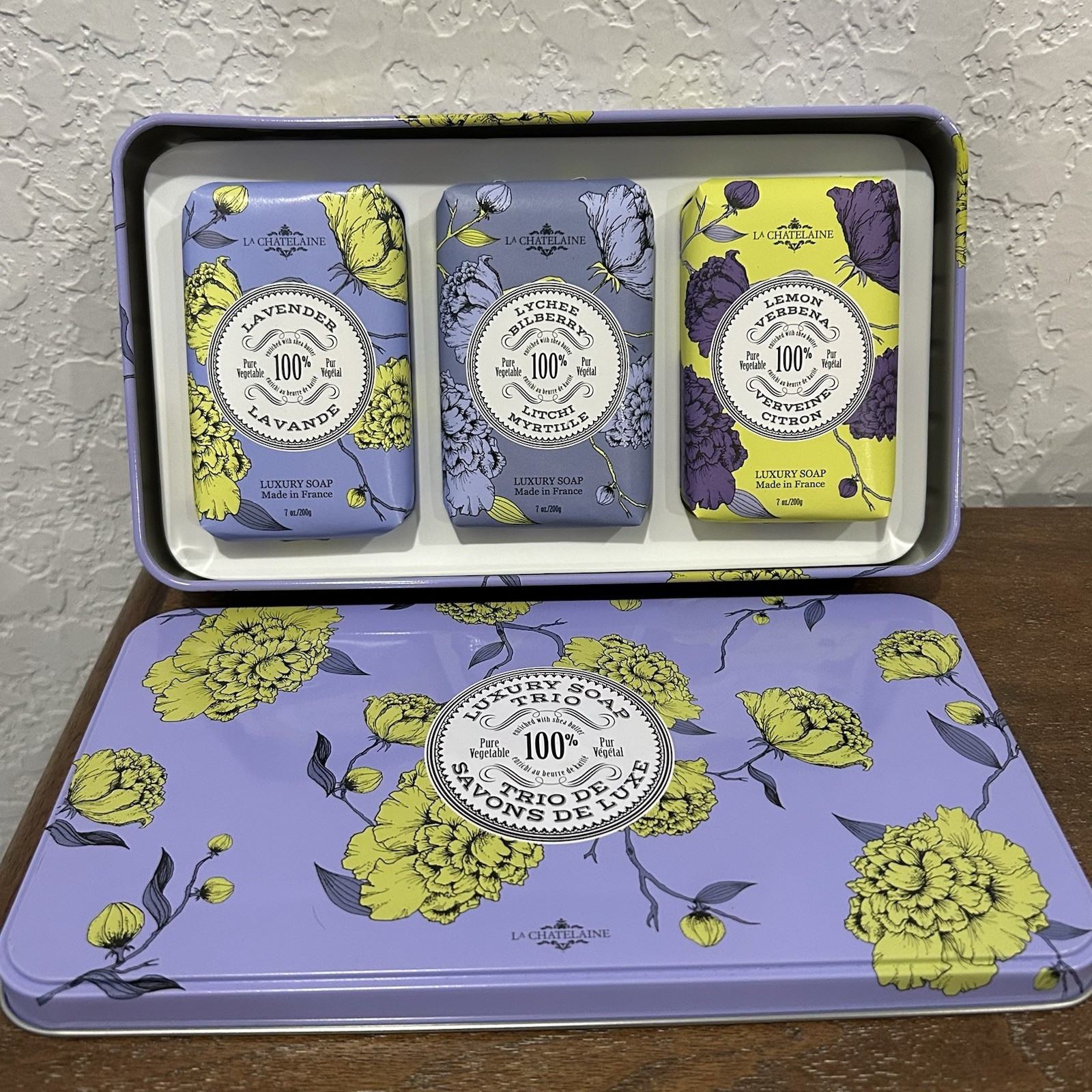 New, La Chatelaine Luxury Soap Bars (3-7oz.) Lavender, Lychee, Lemon Verbena