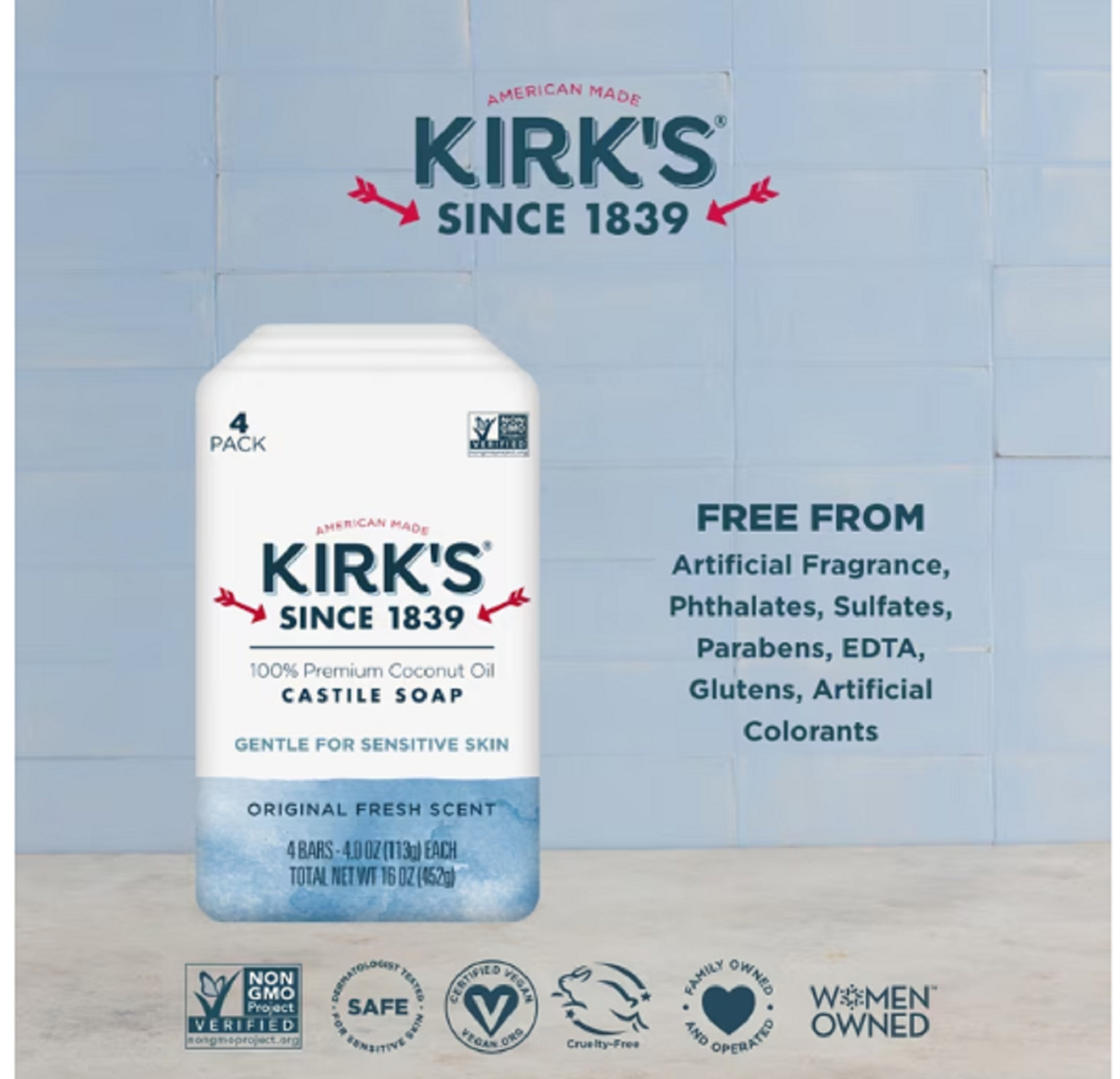 Kirk’s Castile Bar Soap – Made With Premium Coconut Oil, Original Fresh Scent, 4