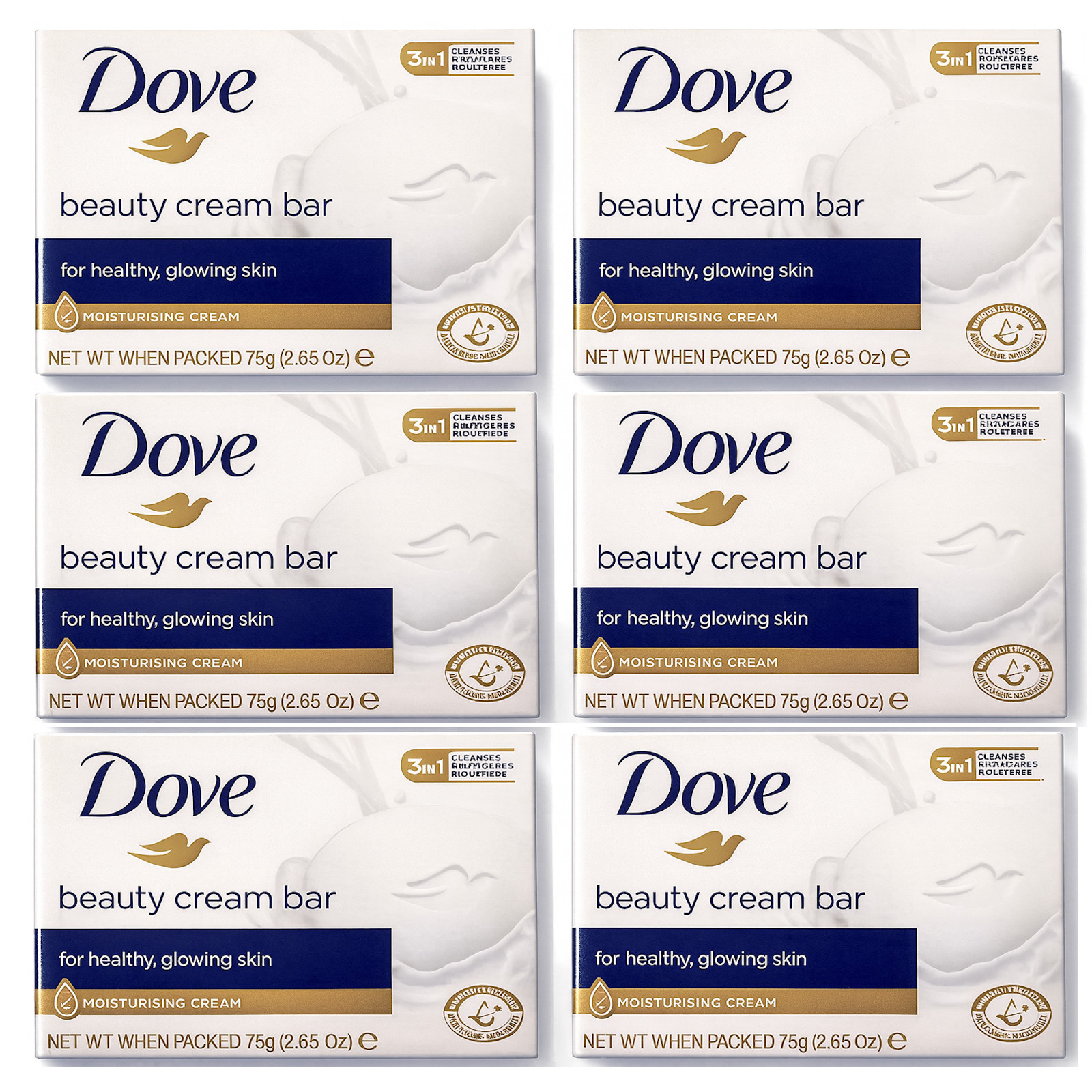 6 Pack Dove Beauty Cream Bar Soap 75 grams 2.65 Oz Face Body Hands