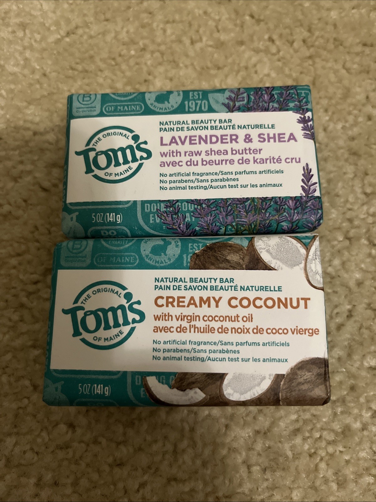 New Lot of 2 Tom’s Of Maine Creamy Coconut And Lavender & Sea Bar Soap