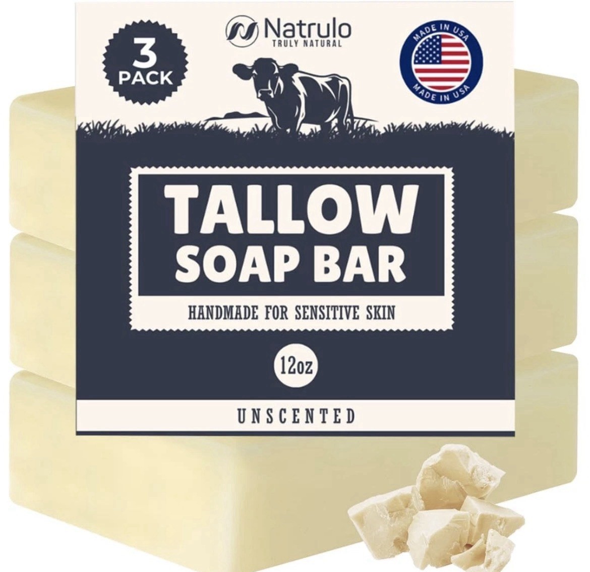 Beef Tallow Soap Bars 3Pk All Natural Grass Fed Unscented Moisturizing