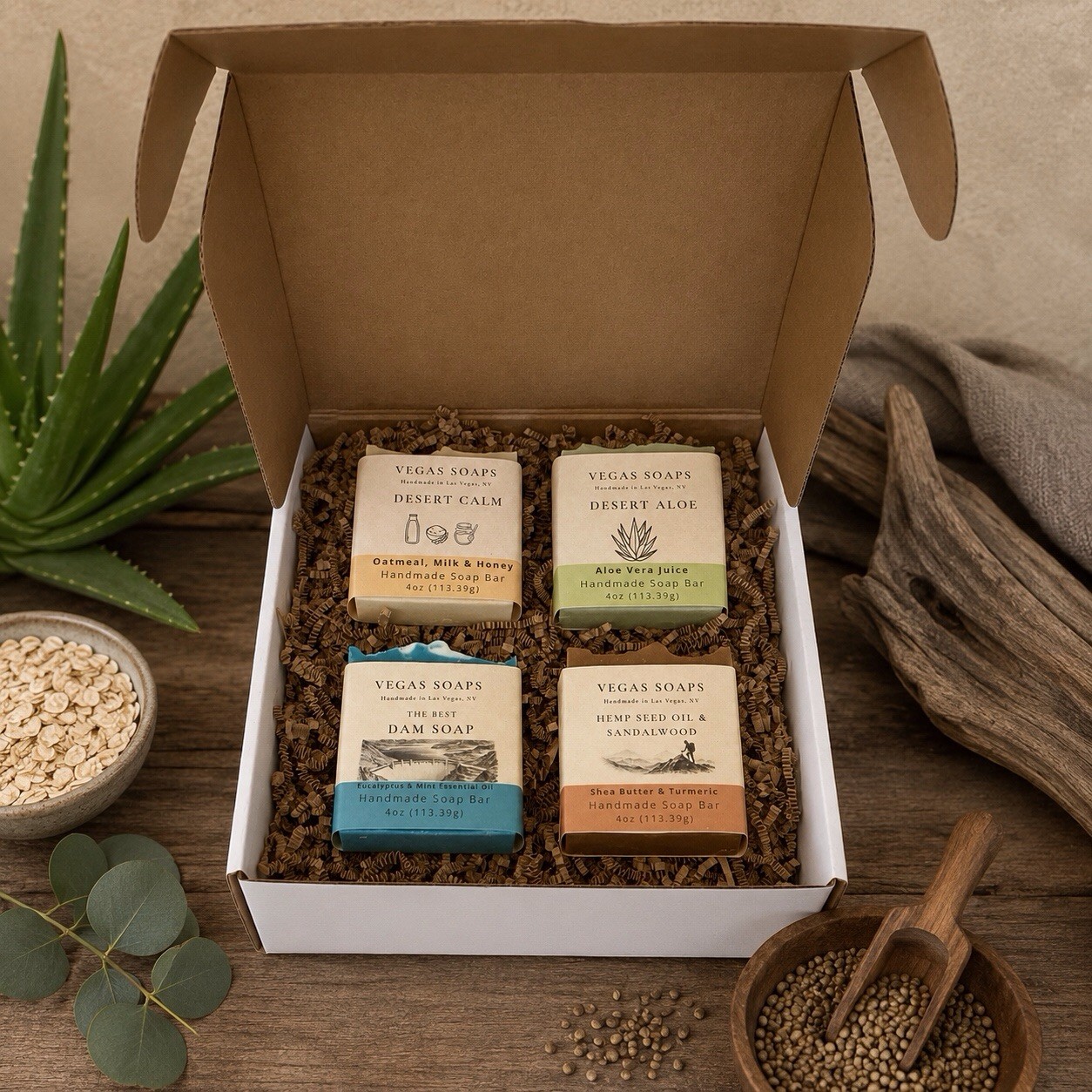 Vegas Soaps Men’s Collection Four Handmade Bars Gift Box Plant Based Oils