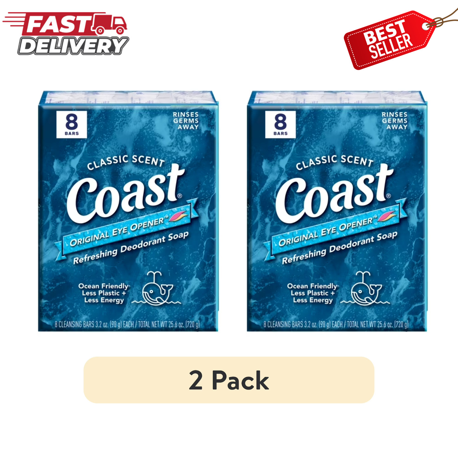 2 Pack Coast Refreshing Deodorant Bar Soap Classic Scent 3.2 oz 8 Count Twin Box