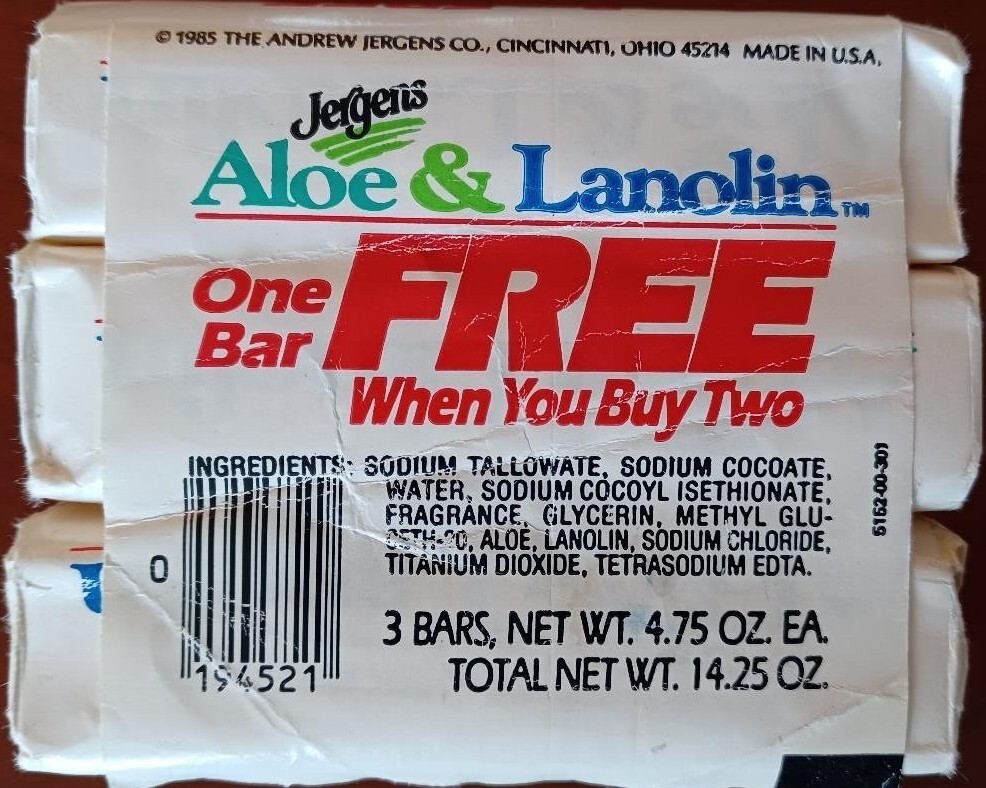 Vtg 1985 Jergens Aloe & Lanolin Skin Conditioning Soap Bar 3pk 4.75oz NOS Prop