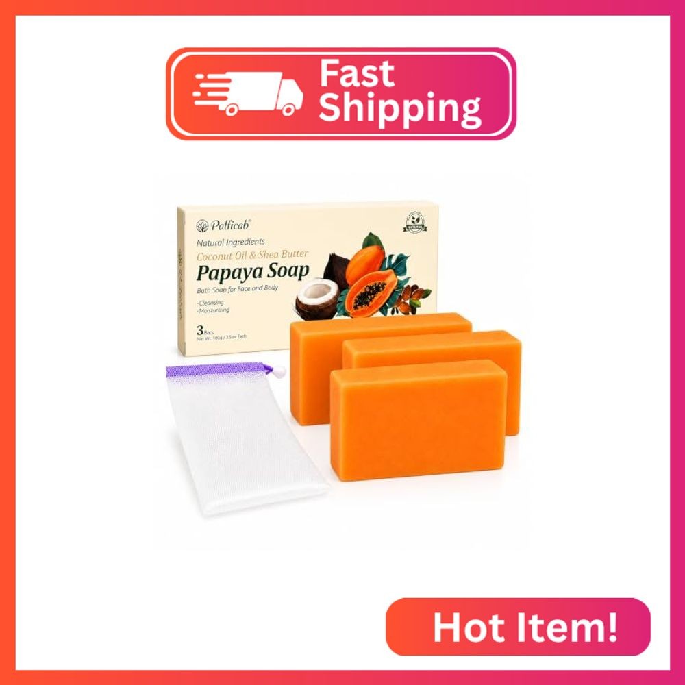 PALFICAB Papaya Soap Bars for Face and Body, 3 Pack with Foaming Net