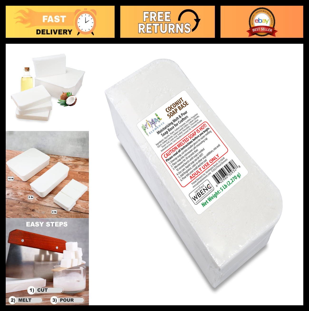 Moisturizing Coconut Oil Soap Base – Melt & Pour Glycerin for Crafting, 5 lb