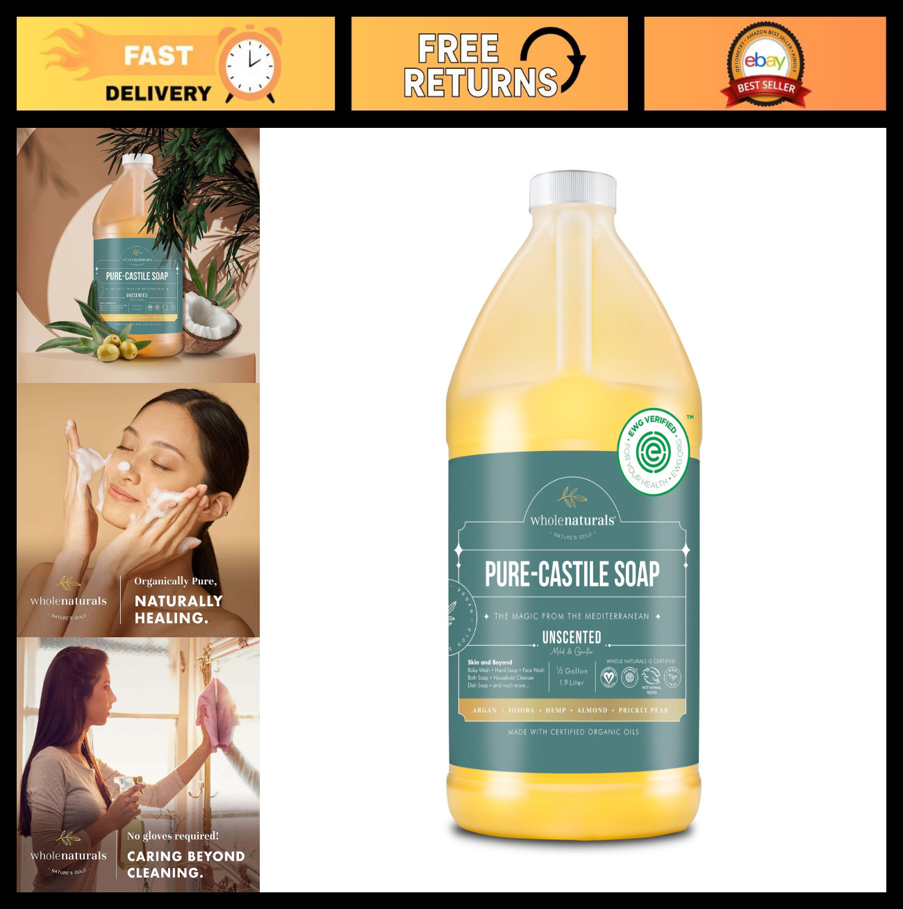 Pure Castile Soap Liquid – EWG Verified, Unscented, Vegan, Organic Body Wash & L