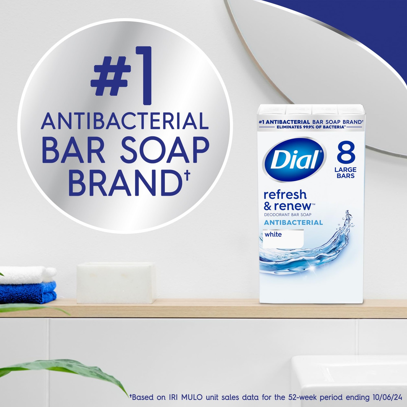 Dial Antibacterial Bar Soap, Refresh Renew, White, 4 oz, 32 Bars