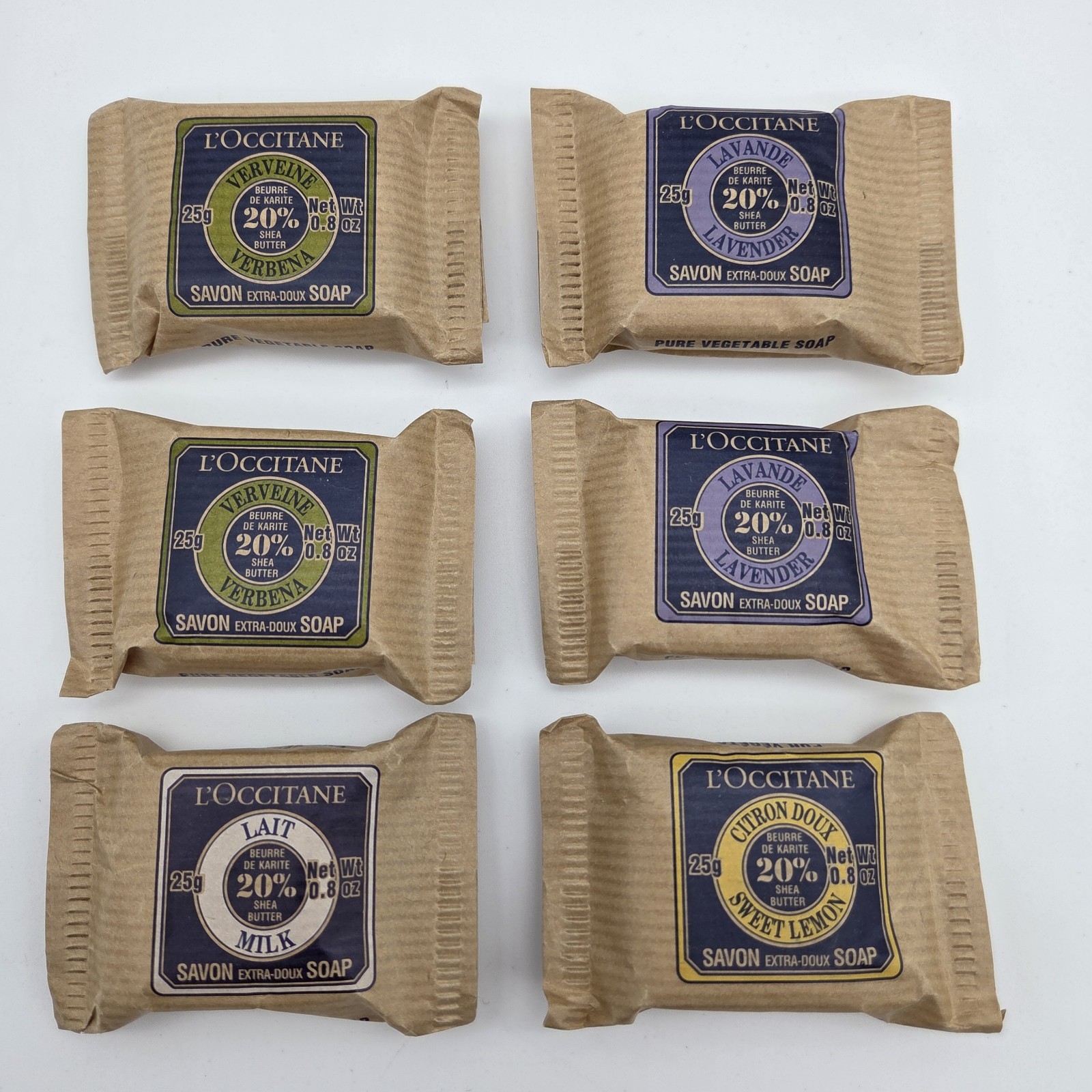 L’Occitane .8oz Mini Soap Bars Shea Butter Milk Lemon Verbena Lavender Lot of 6