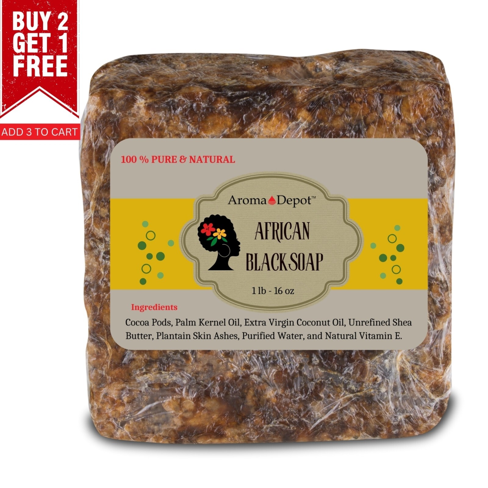 Raw African Black Soap 1 lb. Bar 100% Pure Organic Natural Skin Body Face Wash