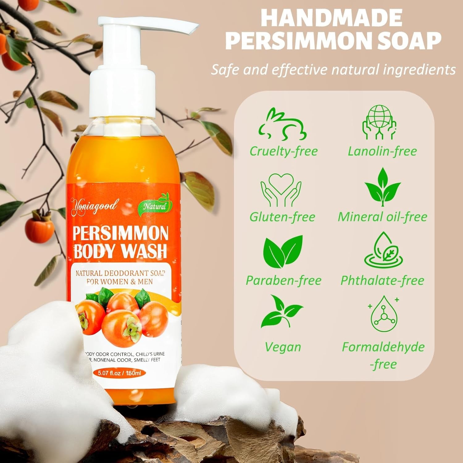 2 PCS Persimmon Body Wash for Strong Odor Control, Natural Persimmon Soap Bar Ol