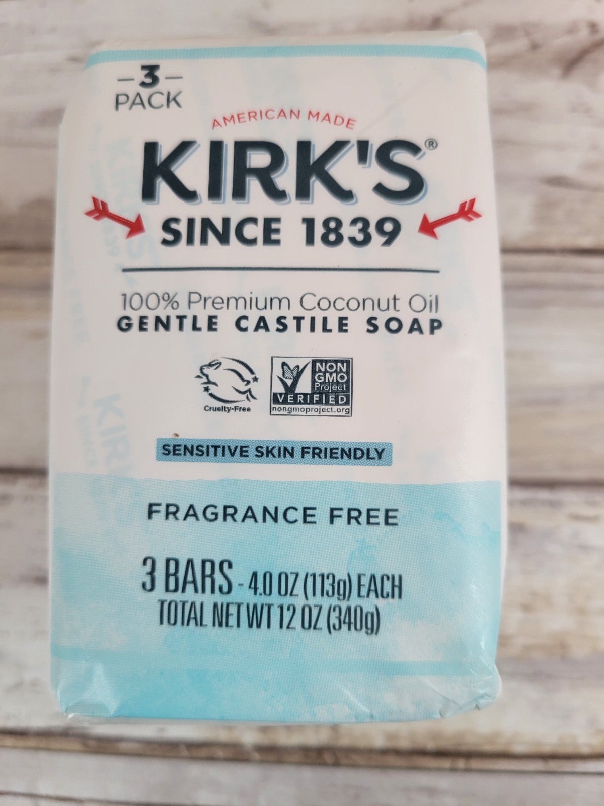 Kirks 100% Premium Coconut Oil Gentle Castile Soap 3 Pack Bars Sensitive Skin