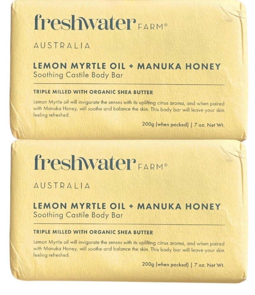 FRESHWATER FARM CASTILE BODY SOAP BARS X2 LEMON MYRTLE OIL + HONEY 7 oz./200g ea