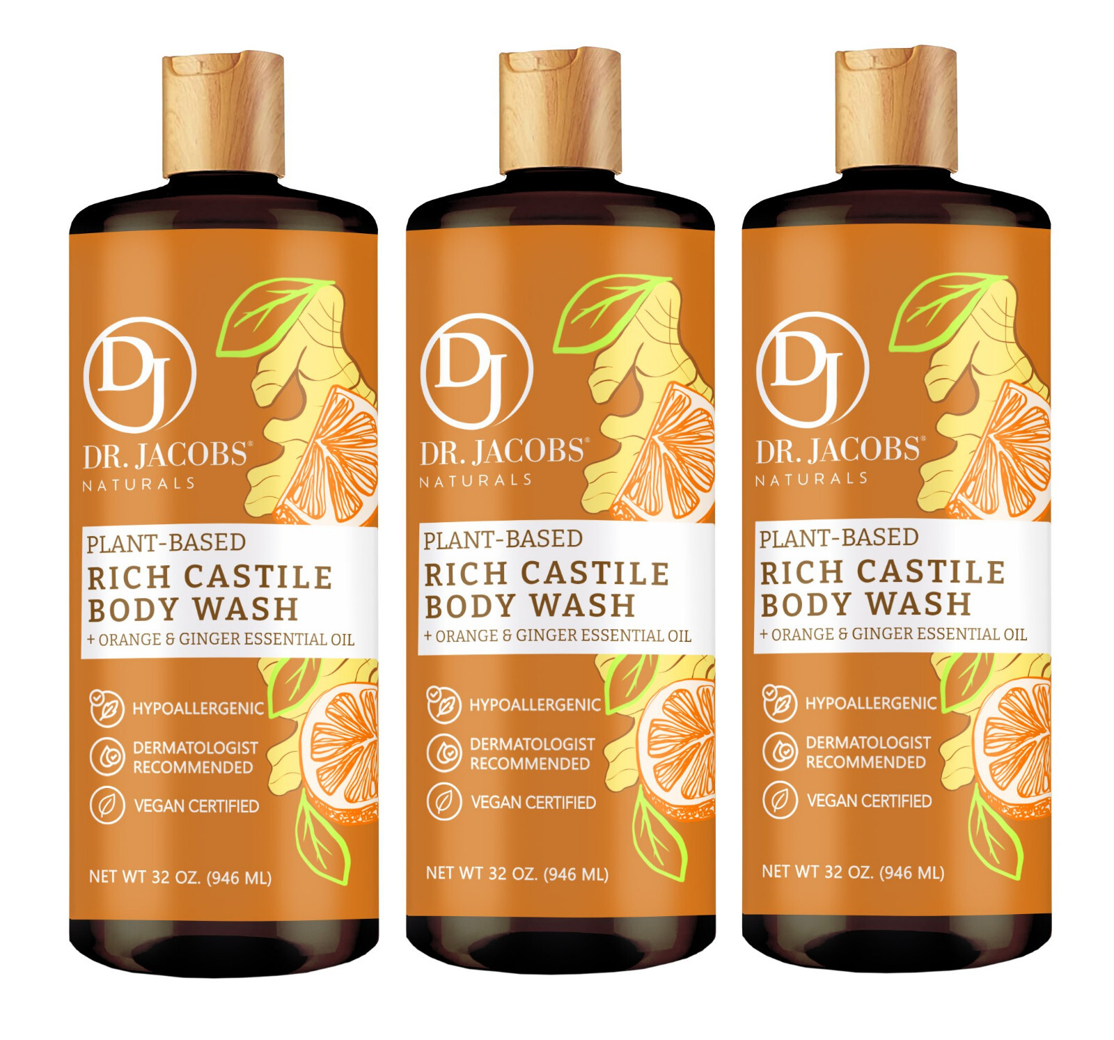 Dr Jacobs Naturals 32oz Orange Ginger Castile Body Wash Soap Plant-Based