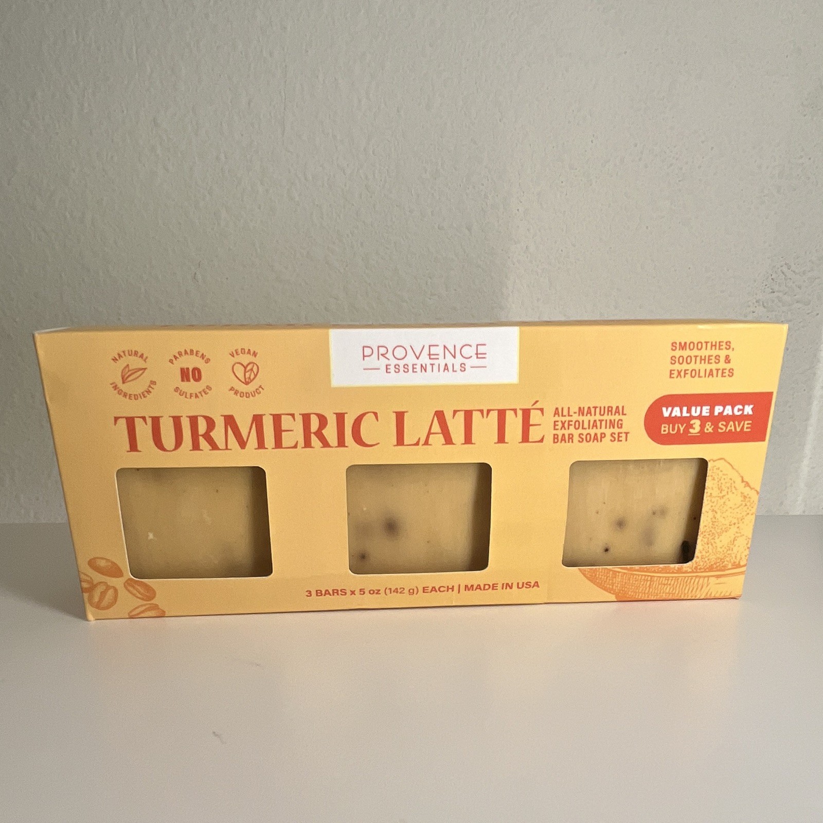 Provence Essentials Turmeric Latté Vegan Exfoliating Soap 3 Bars x 5 oz