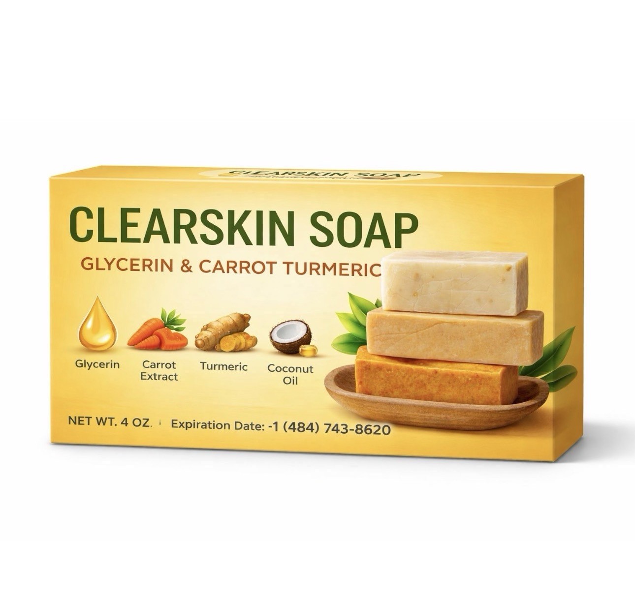 Clearskin Soap Rectangular Body Bar Glycerin Carrot Turmeric Coconut Oil 4 oz