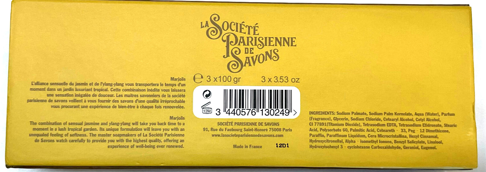 La Societe Parisienne de Savons MARJOLIS Boxed French Soap | 3 x 3.4 oz