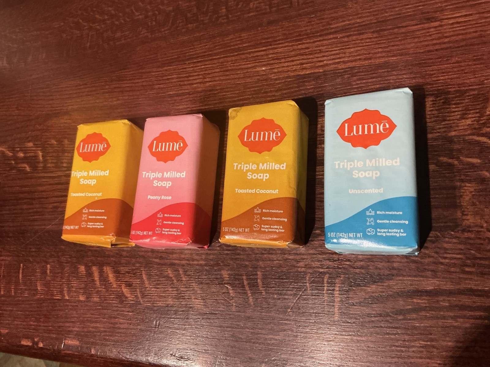 Lot of 4 Lume Triple Milled Soap Bars 5 oz Toasted Coconut Peony Rose Unscented