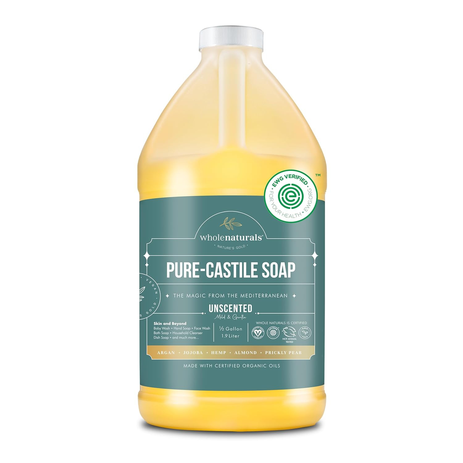 Pure Castile Soap Liquid, EWG Verified & Certified Palm Oil Free Unscented, Natu