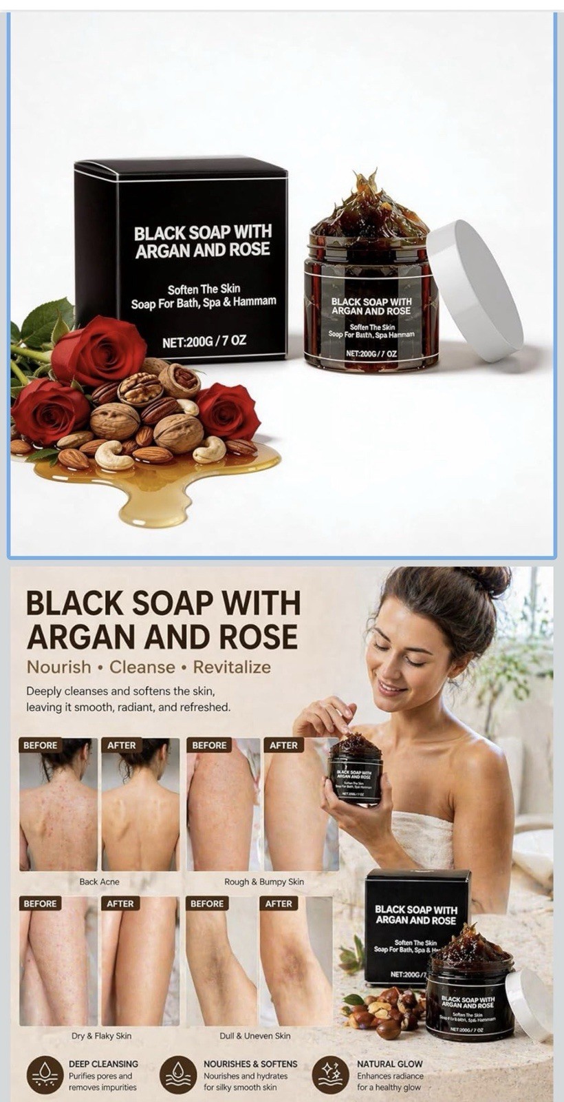 “Moroccan Black Soap Paste Beldi Soap Natural Face Body 100% Pure”