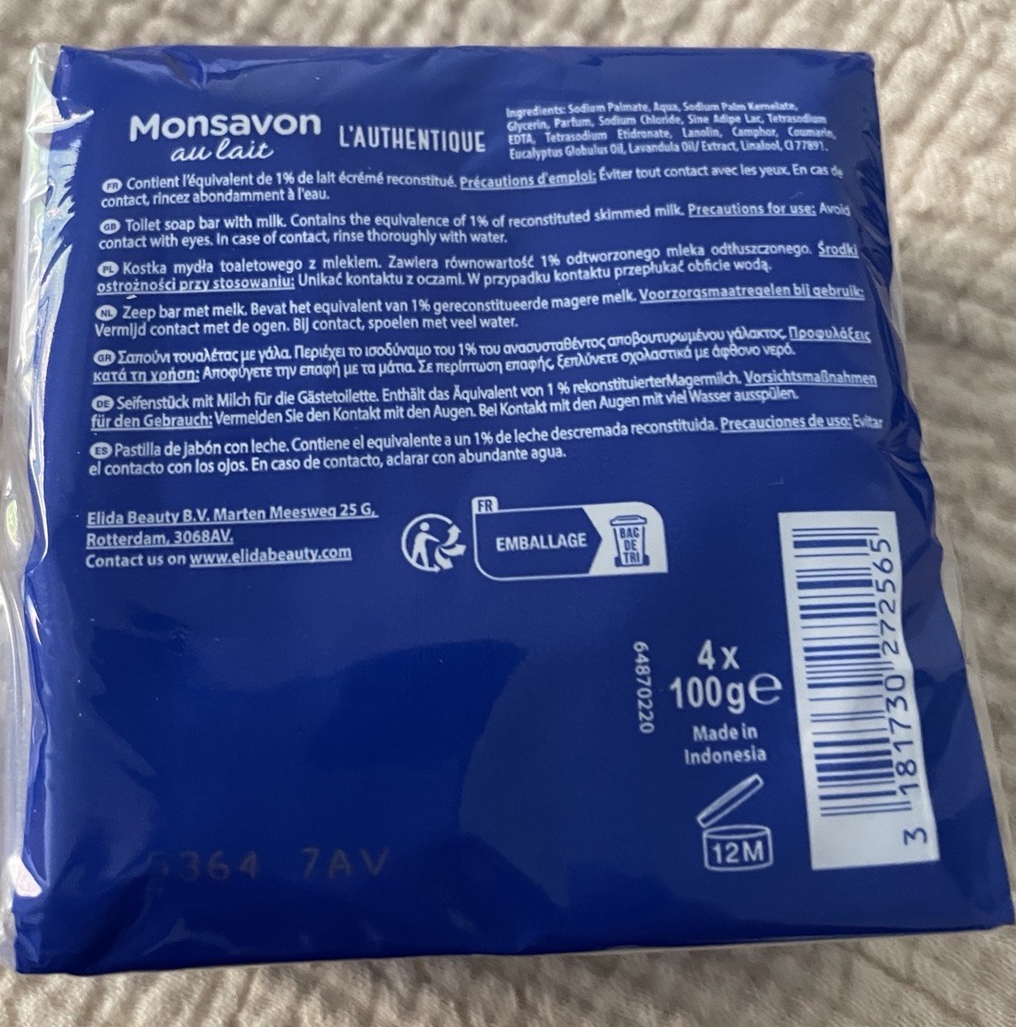Monsavon au lait 4 Pack Of 100g Bars Imported From France!