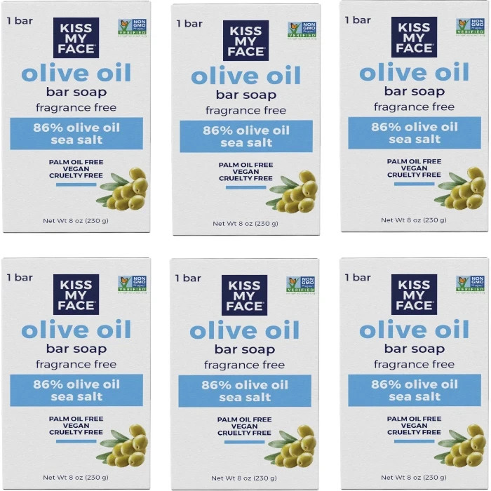 Kiss My Face Olive Oil Bar Soap Fragrance Free 8 oz Each (Pack of 6)